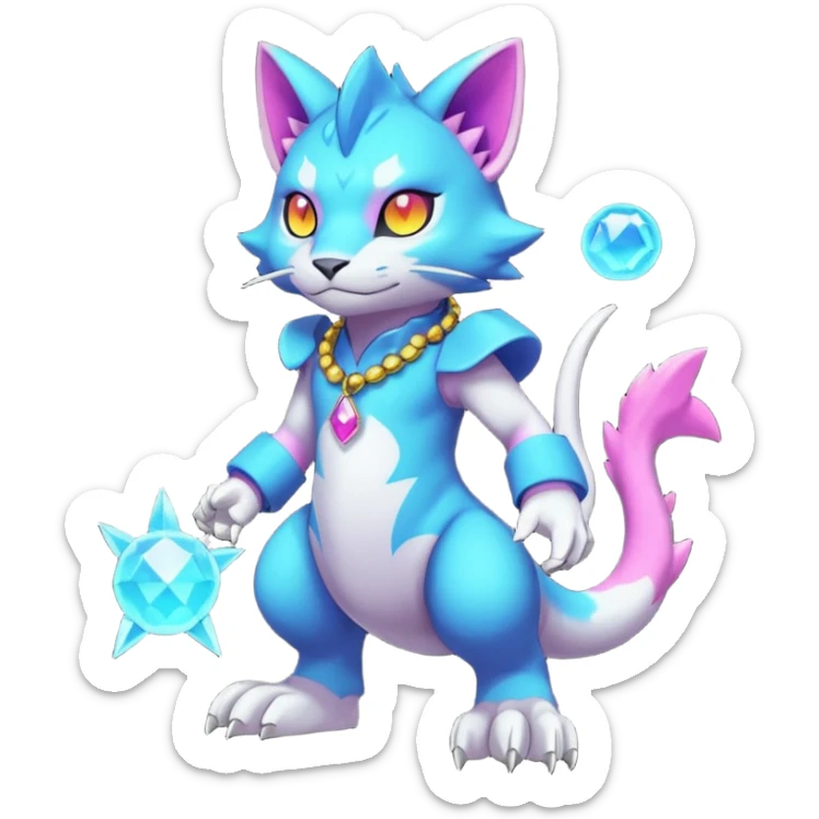 Colorful neon glowing abyssal garurumon-purloin-feline-Fakemon-Digimon-creature wearing a cool casual fashionable aesthetic clothes and accessories and jewelries and apparels fursona (full body)  sticker