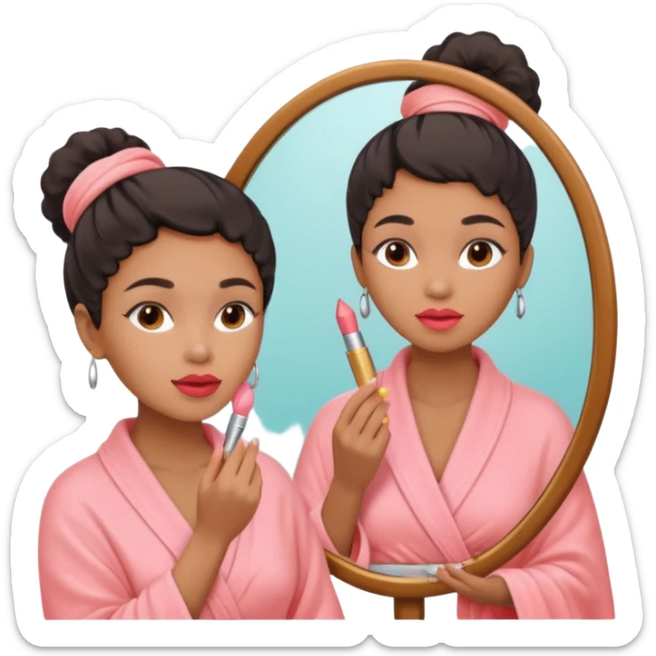 Mixed-race woman with caramel skin, wearing a pastel pink spa wrap, applying lipstick in front of a mirror sticker