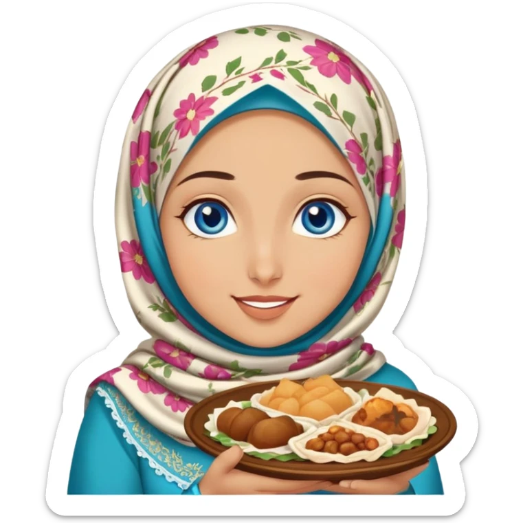 Turkish beautiful finish Konya girl blue eyes with floral hijab islamic dress and she’s savouring delicious food face sticker