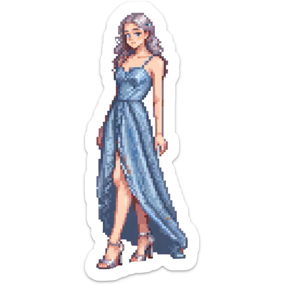 girl with big feet wearing silver heels and a big blue-grey prom dress sticker