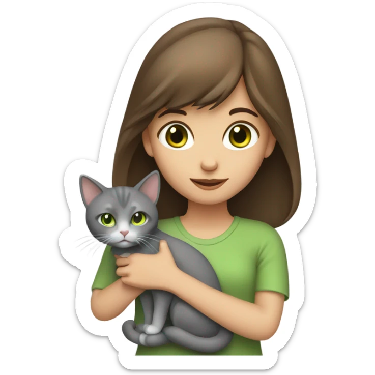 girl with brown hair and green eyes with a grey cat in her hands sticker