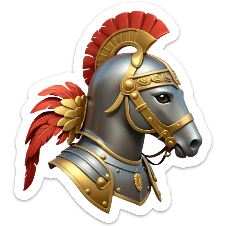 An emoji of a powerful Roman warhorse in full armor, with a feathered helmet. sticker