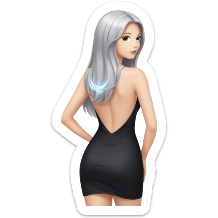 woman with light long hair in silver body looking at the camera from back with sexy pose sticker