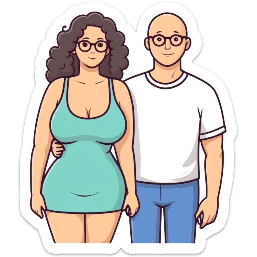caucasian bald man with glasses and caucasian woman with no glasses, long curly dark hair and huge boobs sticker
