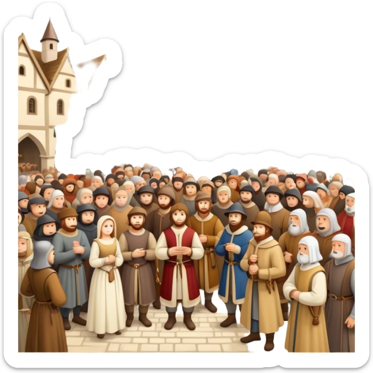Large crowd of medieval people gathered in town square, mixture of wealthy merchants in fine clothes and commoners in simple attire sticker