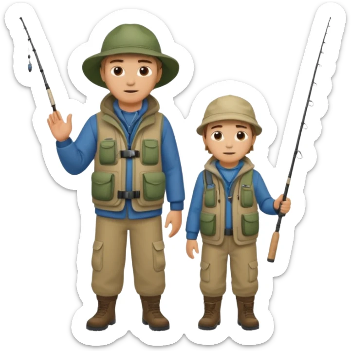 Father and son in fishing gear gesturing that they are cold, full body sticker
