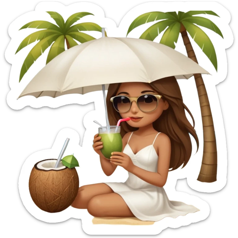 Girl with long brown hair wearing sunglasses and sipping from a coconut elegant sand and white aesthetic umbrella  sticker