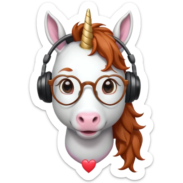headphone wearing white unicorn with dark ginger hair and heart shaped spectacles very unicorn looking sticker