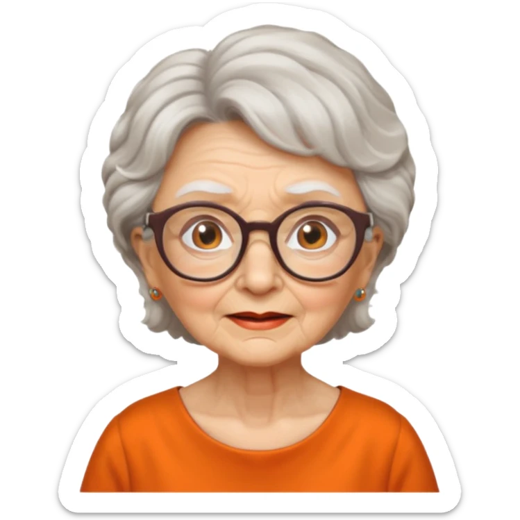 OLD LADY IN KITCHEN OUTFIT ORANGE DRESS, GLASSES. WHITE HAIR , AOROM BUSHY HAIR sticker