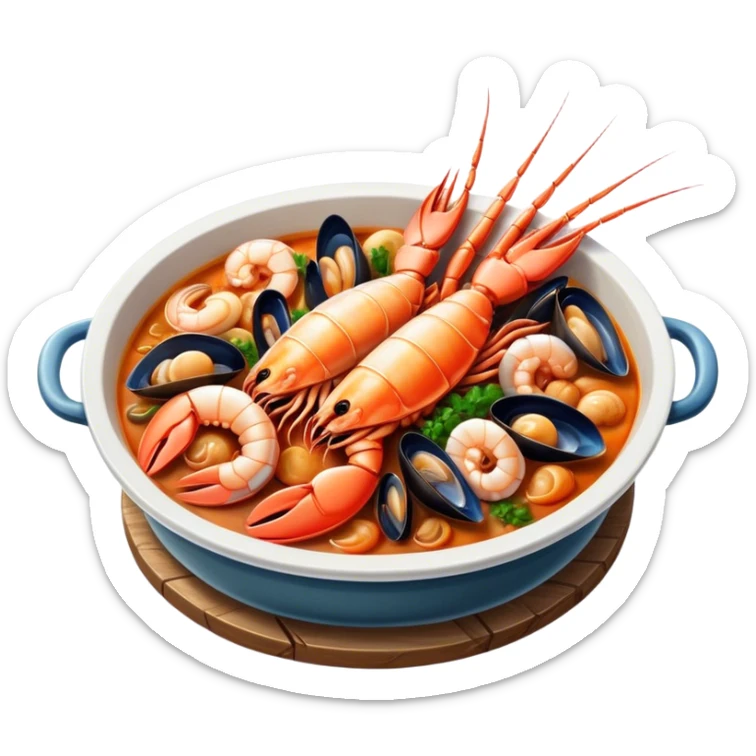 Cinematic Realistic Buzara Seafood Dish Emoji, depicted as a rustic, flavorful seafood stew with shellfish rendered with rich textures and dynamic, maritime lighting. sticker