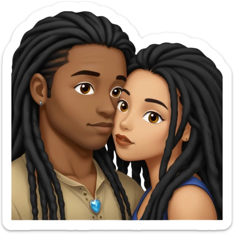 Latina Woman with long hair kissing a young black guy with dreads no beard sticker