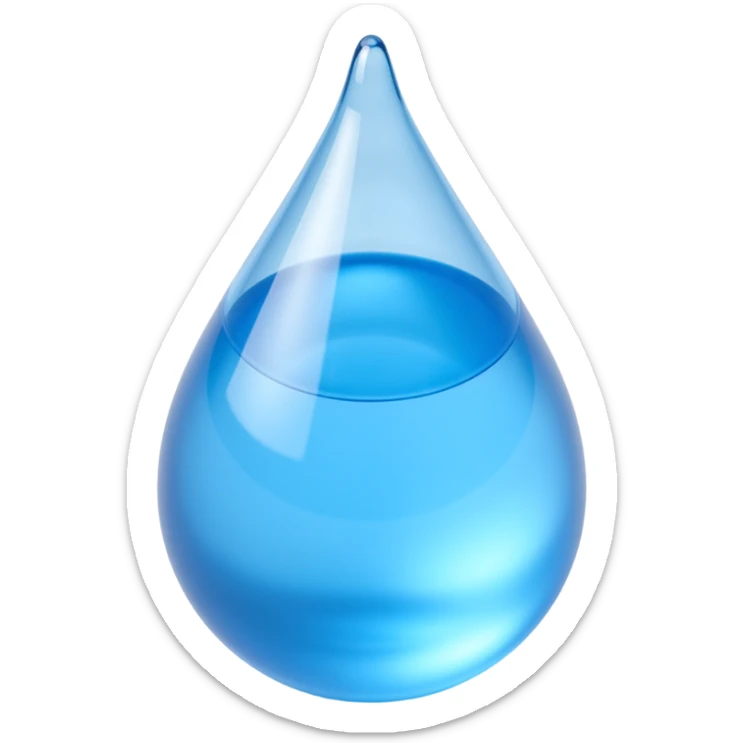 blue water droplet with realistic highlights and depth, skeuomorphism icon style sticker