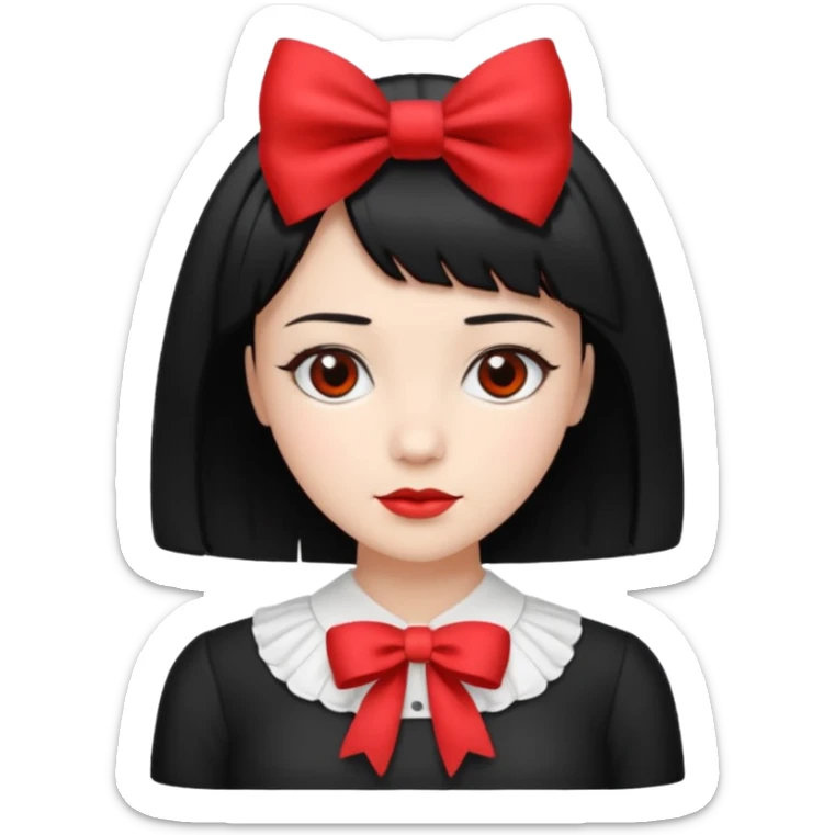 ["Fair skin female, black bob haircut, red bow clip at crown."] sticker
