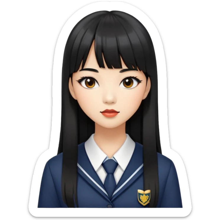 fashionable woman with Asian skin tone, long straight black hair with straight bangs, school uniform, and stylish makeup sticker