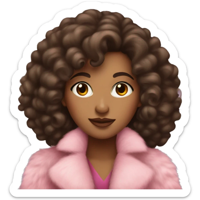 pretty brown woman with long dark curly hair and pink fur coat on and pink bow sticker