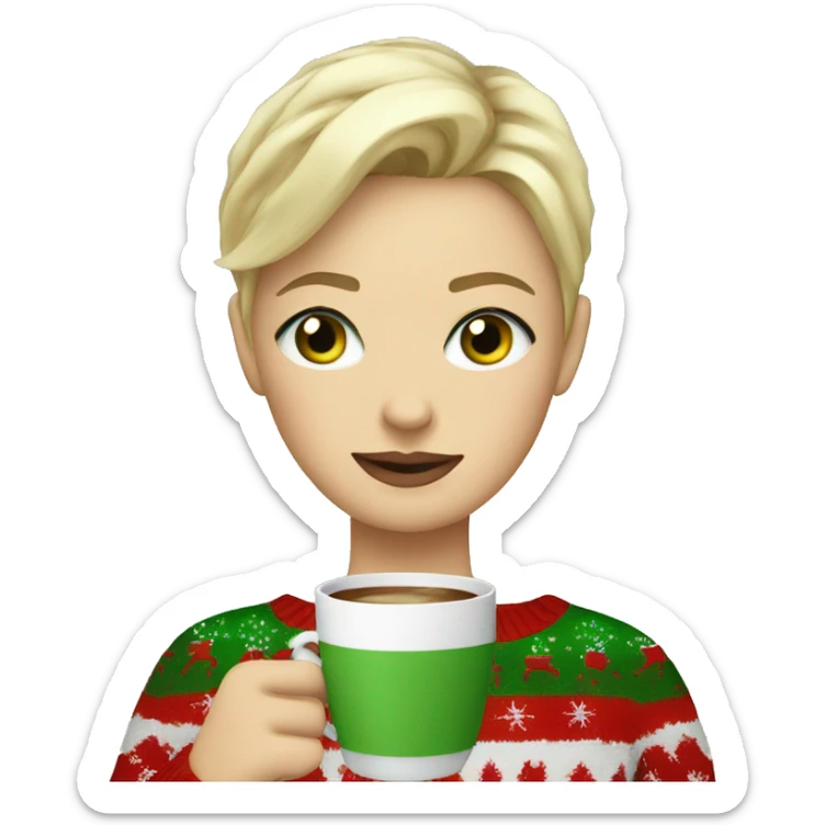 Short haired blonde girl with green eyes drinking coffee wearing Christmas sweater sticker