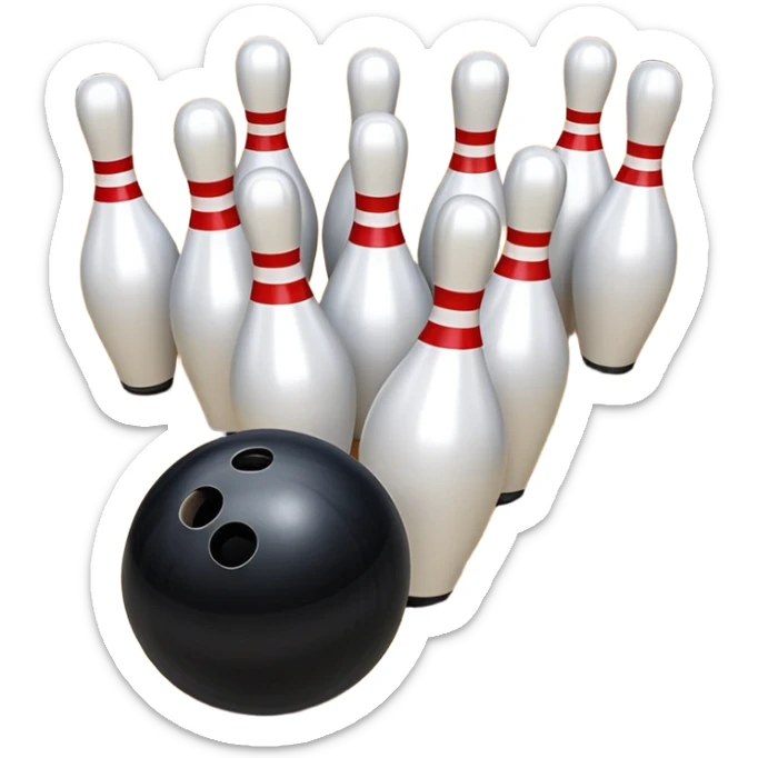 A bowling ball rolling down the lane towards a set of pins, with the pins poised to fall. The scene is set in a bowling alley with bright lights and a polished wooden floor, capturing the excitement and precision of the sport. sticker