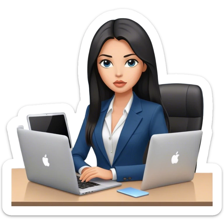Glamours tanned very beautiful girl with pump peach lips and black straight smooth long hair, blue-grey eyes in blazer (only blazer) with MacBook in the office sticker