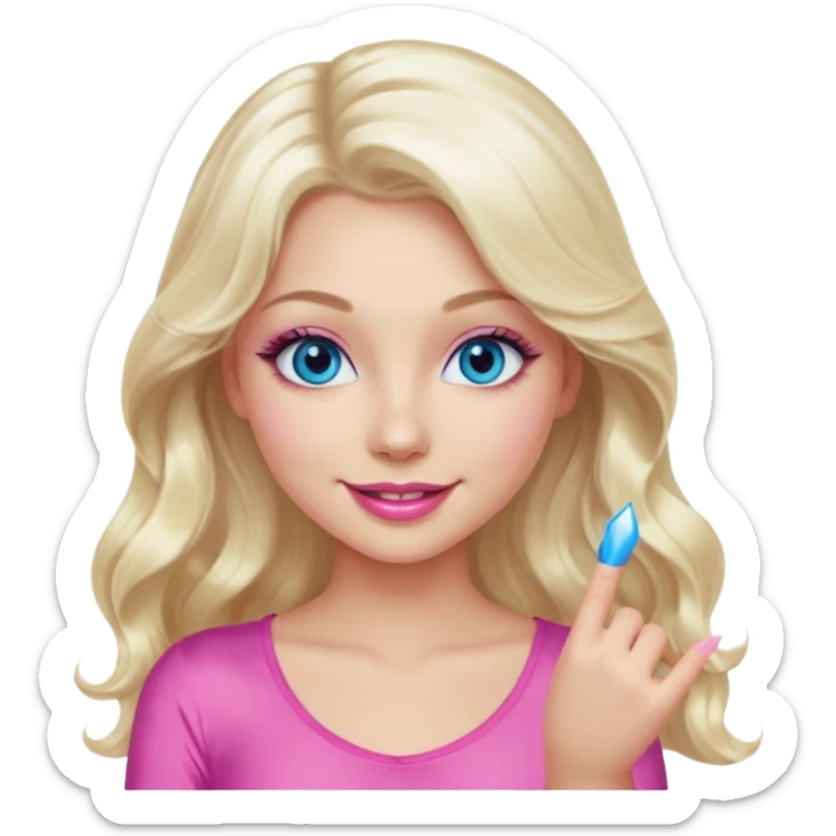 girl with long wavy platinum blonde hair,  blue eyes , long lashes, sexy pink lips, light to medium complexion, wearing a pink sexy top, smiling, finger tips touching sticker