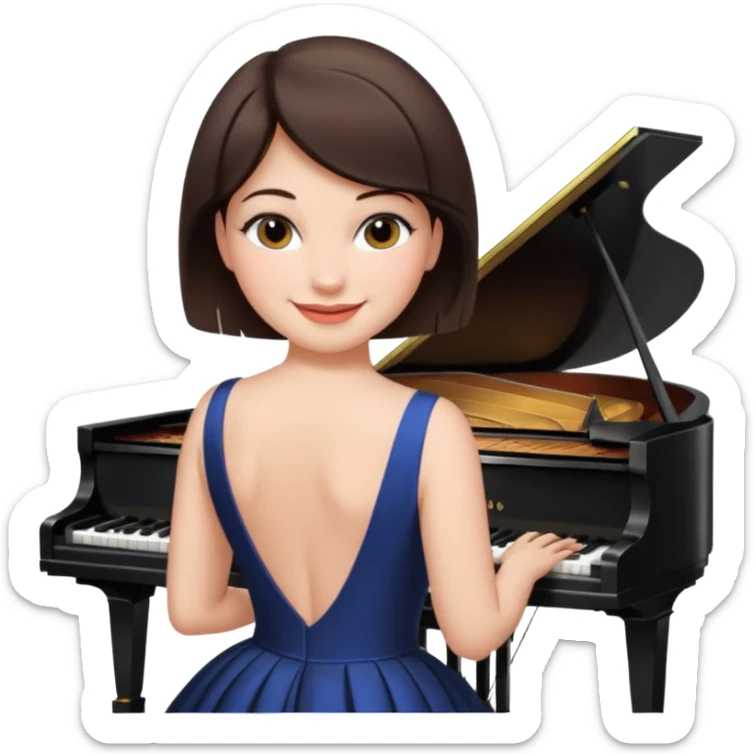 Pretty, sexy, slightly curvy white woman with short dark brown hair, wearing a backless dress at a piano recital  sticker