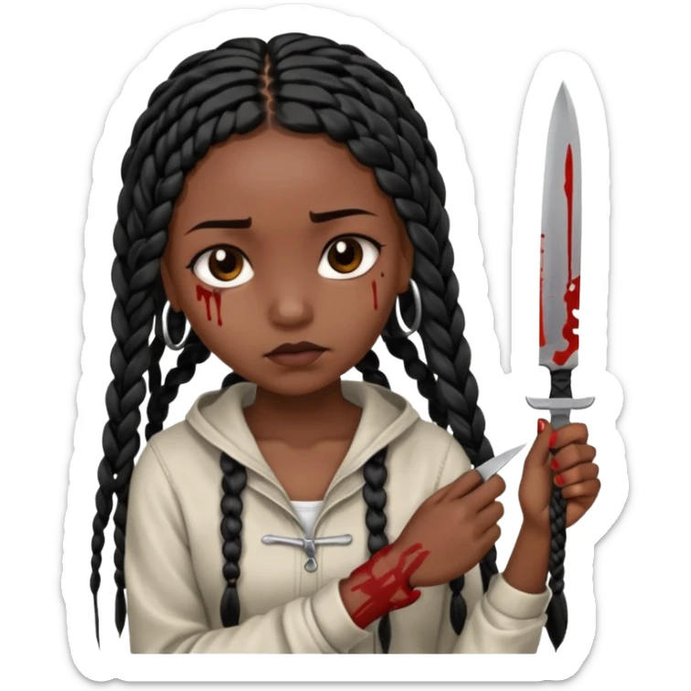 black girl with long black box braids cutting her wrists with a small blade and bleeding from it, her expression peaceful but sad sticker