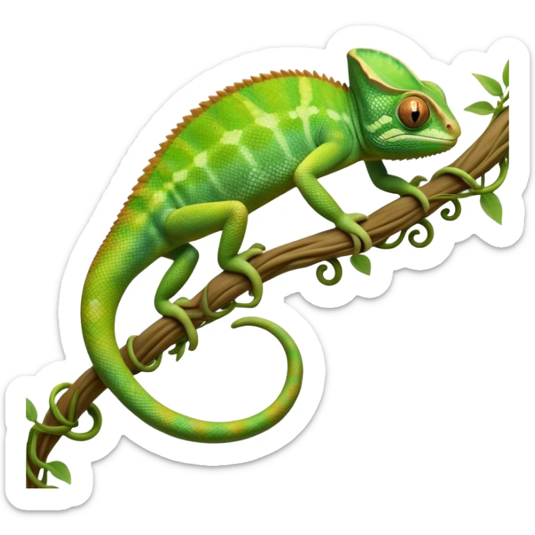 cinematic-chameleon-realistic-full-body-climbing-emoji,-slender-body-gripping-a-twisting-vine-with-prehensile-feet,-scaly-green-skin-shifting-shades-with-its-environment,-large-bulging-eyes-rotating-independently,-delicate-coiled-tail-curling-behind,-long-tongue-slightly-protruding-as-if-ready-to-strike,-simplified-yet-realistic-focused-features,-highly-detailed,-glowing-with-an-ethereal-forest-light sticker