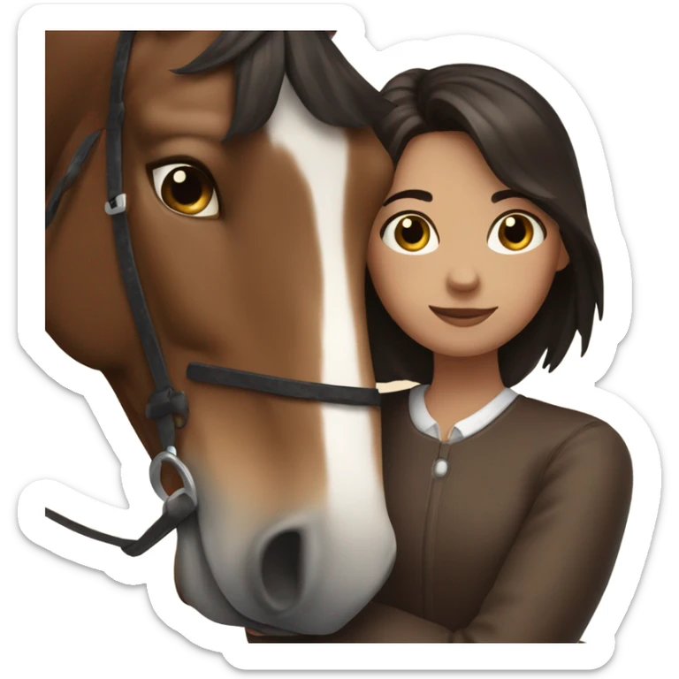 Girl with dark brown hair hugging brown horse with white spots  sticker