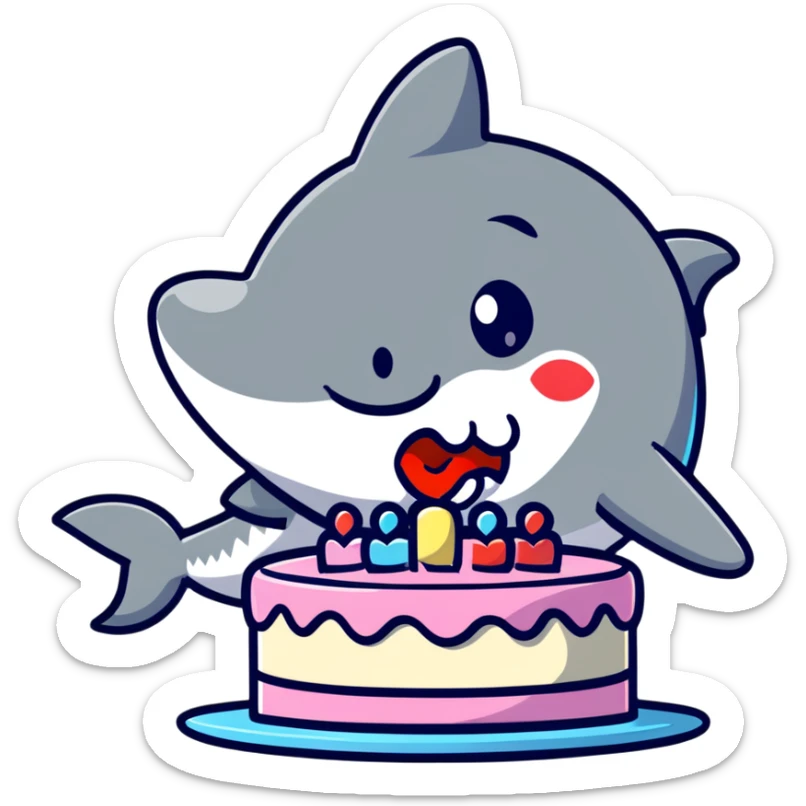 cartoon shark with lips puckered, directly kissing a frosted birthday cake sticker