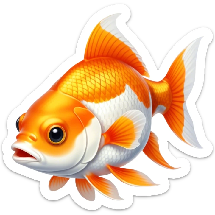 Cinematic Noble Orange and White Goldfish Portrait Emoji, Poised and regal, with a sleek, streamlined build and a vibrant body featuring a harmonious blend of orange and white hues, deep-set soulful golden eyes, Simplified yet sharp and sophisticated features, highly detailed, glowing with a soft, dignified glow, high shine, intelligent and graceful, stylized with an air of aquatic artistry, focused and attentive, soft glowing outline, capturing the essence of a watchful and confident aquatic companion, so majestic it feels as though it could glide out of the screen with effortless authority! sticker