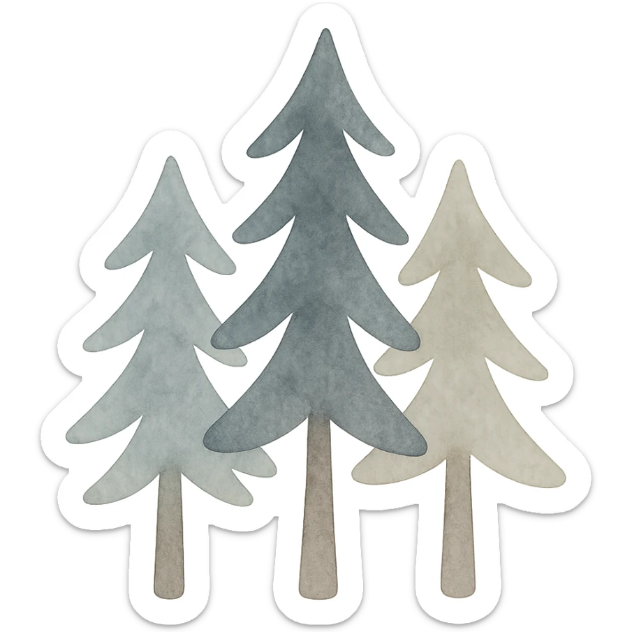 logo style illustration of evergreen trees in Scandinavian folk art style, dark neutral color tones, watercolor texture, transparent background, suitable for favicon sticker