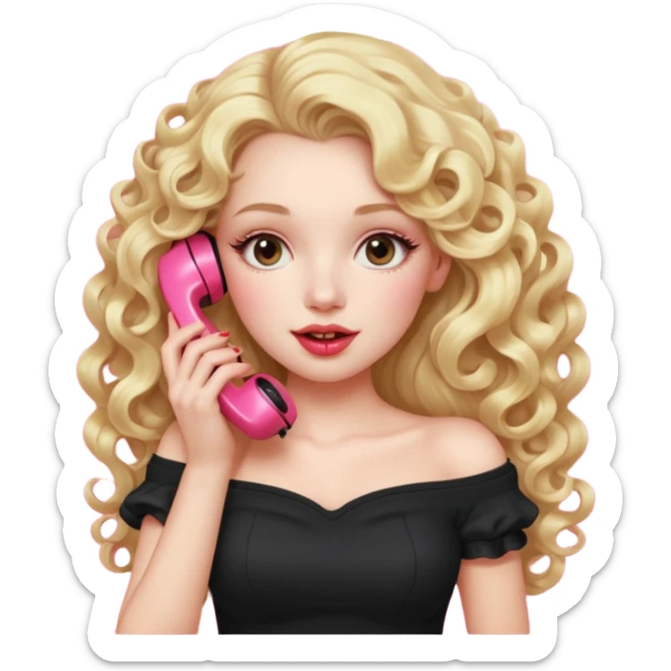 exaggerated features of woman with curly long blond hair, gossiping on a pink analogue phone, holding a tea cup, wearing an off-shoulder black top, red face sticker