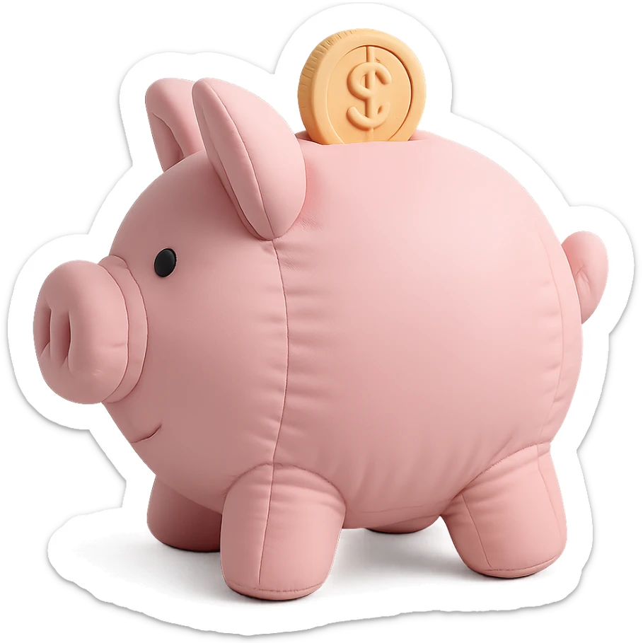 Side profile view of a pink piggy bank with a coin, 3d cartoon style, soft pastel colors, no background, gentle and muted color palette. sticker