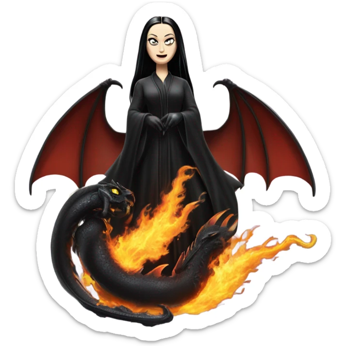  beautifully dressed teen Morticia Addams Jedi riding on the back of a very large black shiny evil-looking fire-spewing dragon. proper scale sticker