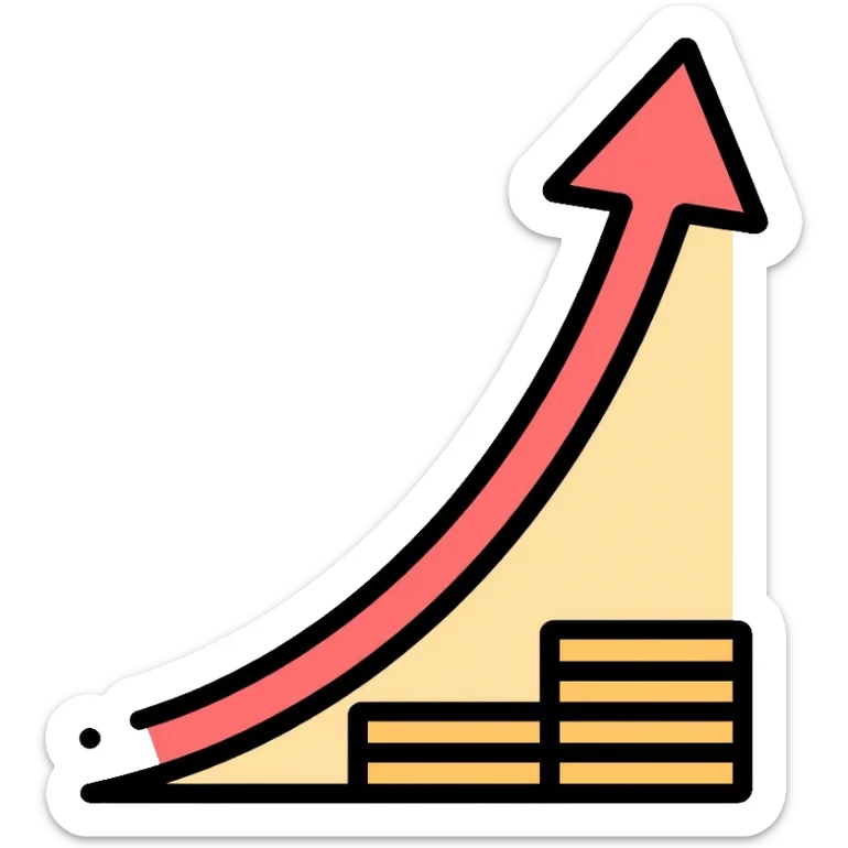 upward arrow beside a small stack of gold coins, beauty business financial growth symbol sticker