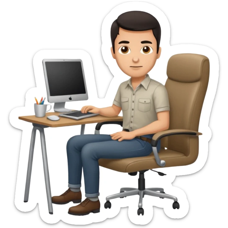 Rich man sitting on a chair, working at desk with laptop in office, in shirt, dark hair, he is german very beautiful looks like, full body view sticker