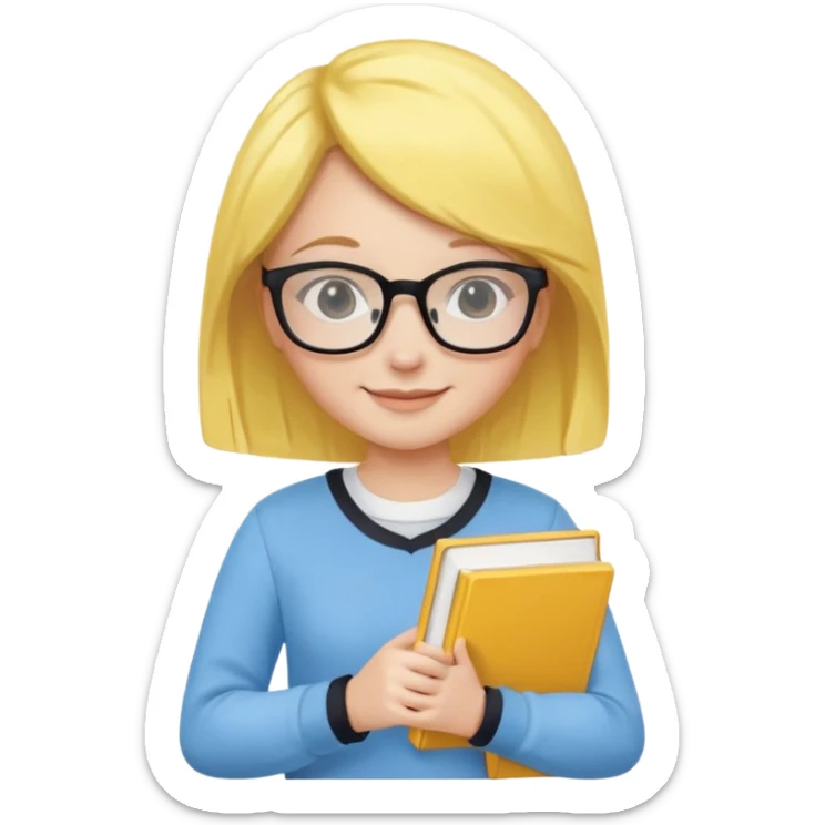A smart and cute girl with yellow bobbed hair, wearing sky blue clothes,
I hold a book in one arm. There is a pen in the book.
He is wearing black-rimmed glasses and smiling brightly. sticker