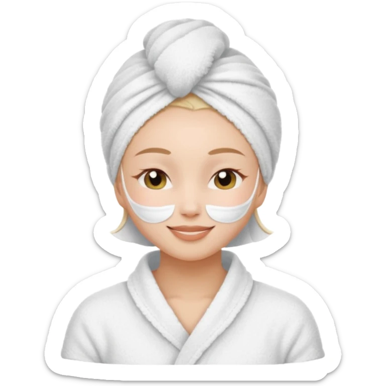 cute girl with her eyes closed and smiling, wearing a white spa towel as her clothes in she has a white spa towel on her head, white face skincare mask sticker