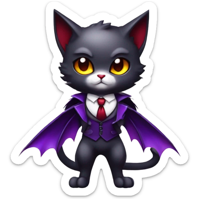 Cute-Evil-Vampiric-Batty-Cat-Black-Purple-Red-Yellow-Contrast-Colors-Fantasy-Fur-Sona-Chibi-Shiny-Fakémon-Hybrid with horns and big fangs neck bow white tie leg spats full body sticker