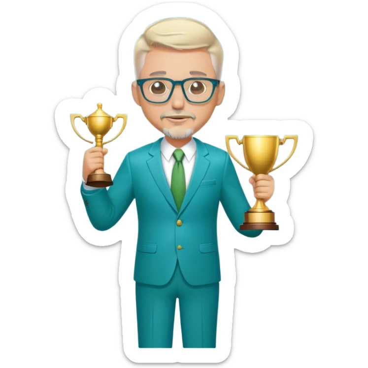 Full Body large white male  wearing glasses with a goatee with light blonde gray very short hair basketball head Coach in blue and green suit holding trophy sticker