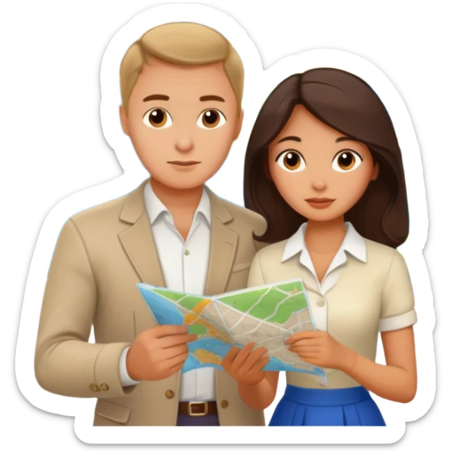 Russian man and elegant Latina girl in cute outfits with a map planning plants sticker