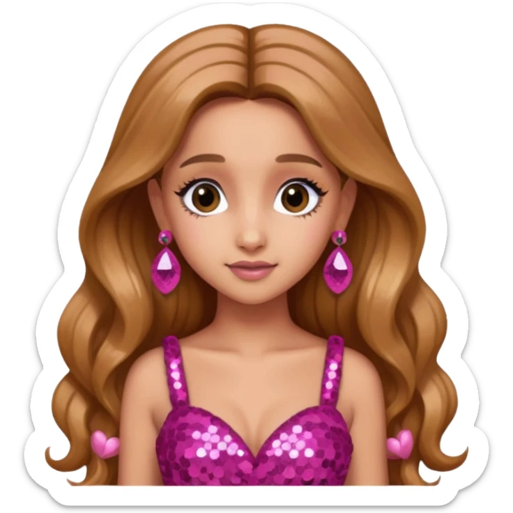 Ariana Grande with long golden brown hair, dark pink sequin dress, pink earrings sticker