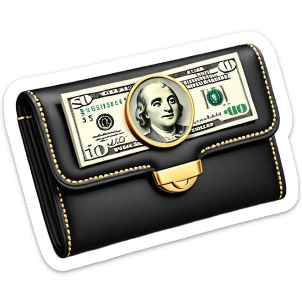 Rich emoji style black leather wallet with dollar bills, luxury money vibe, premium 3D emoji, ultra clean, high detail, no background sticker
