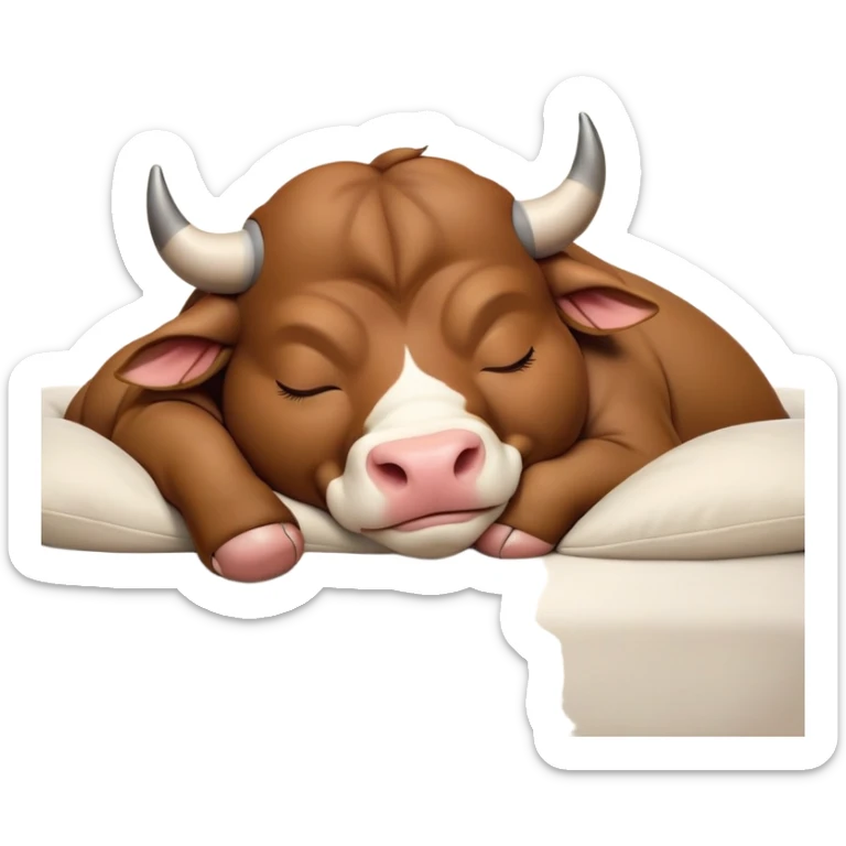 meme-worthy-cute-sleeping-domestic-bull-portrait-emoji,-head-resting-peacefully-with-a-contented-smile,-showcasing-a-robust,-muscular-build-and-a-luxuriously-soft-coat,-eyes-gently-closed-in-serene,-restful-slumber,-simplified,-solid-brown sticker
