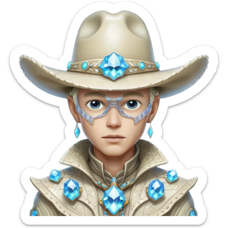 Portrait of a crystalline alien cowboy, face made of sharp translucent crystal structures, light refracting through edges, elegant cowboy hat carved from alien mineral, dramatic rim lighting, ultra detailed fantasy sci-fi portrait
 sticker