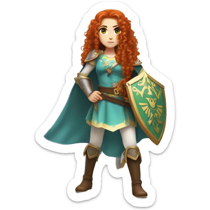 a white girl with long red curly hair and freckles, cosplaying Princess Zelda posing and ready for a fight sticker