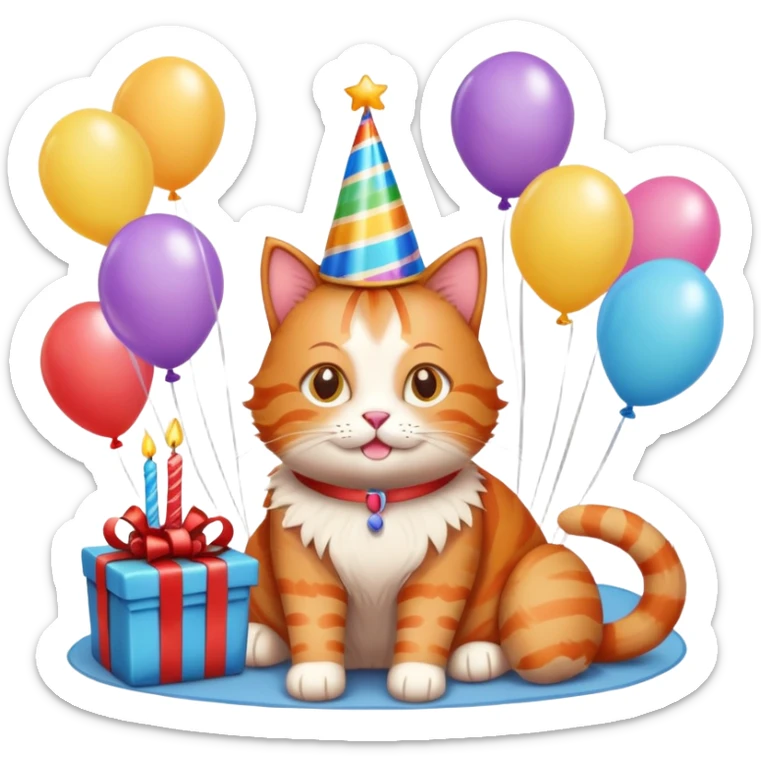Ginger cat celebrates birthday, birthday hat, birthday cake, balloons, happy, gifts sticker