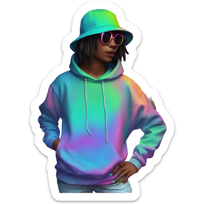 Multicoloured neon person smoking wearing hoodie dancing hip hop bucket hat tropical Skater fashion aesthetic baggy clothes graphic t shirt 420 sticker