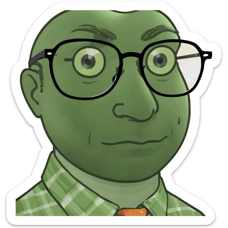 Man with long middle part dark brown hair with vintage eyeglasses in retro shirt  sticker