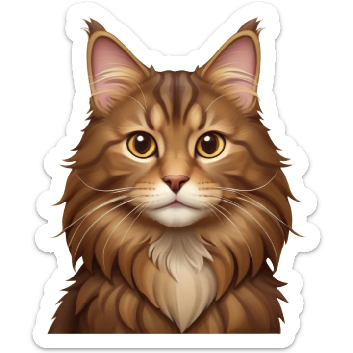 cinematic-cute brown-maine-coon-cat-portrait-emoji,-head-tilted-playfully-and-inquisitively,-sleek--brown-and-gold-tones-with-hints-of-deep-auburn-fur,-simplified-yet-adorable-features,-highly-detailed,-glowing-with-a-warm,-friendly-glow  sticker