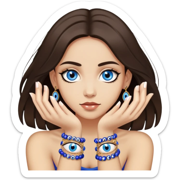 a brunette girl with light skin that wears a lot of evil eye bracelets sticker